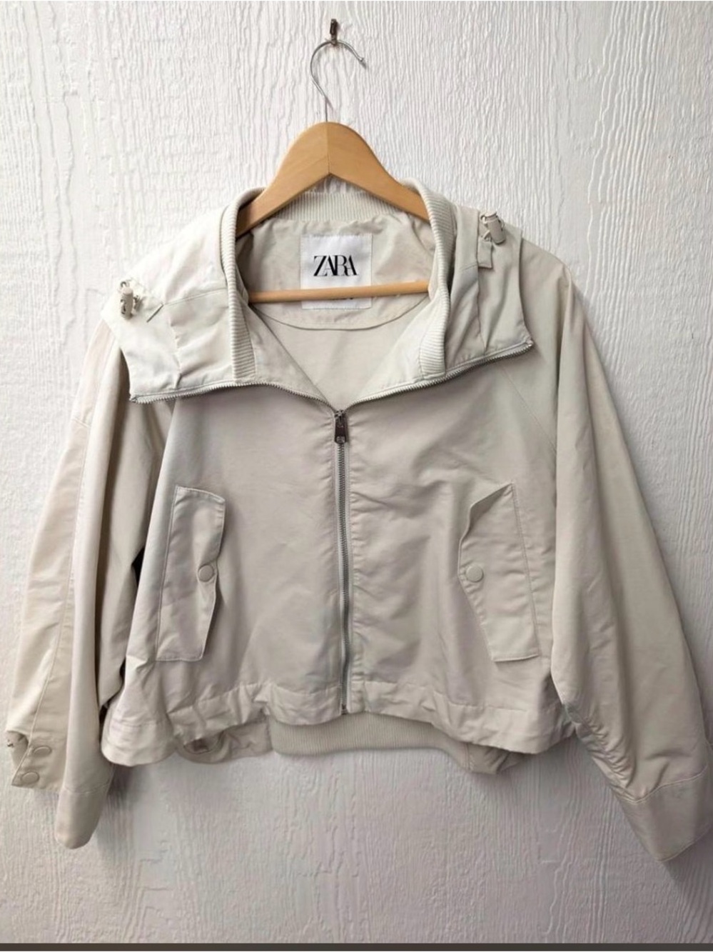 ZARA Light Cream Hooded Bomber Jacket